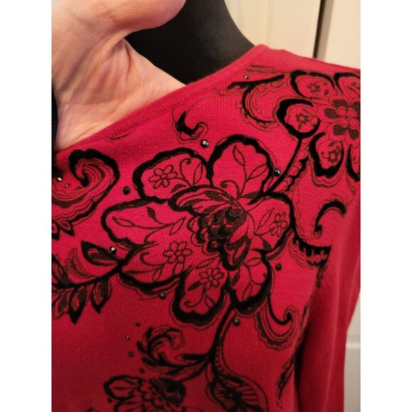 Red/Black Sweater Velvet Flocking Beaded Alfred Dunner M Christmas Festive Glam - Picture 5 of 7